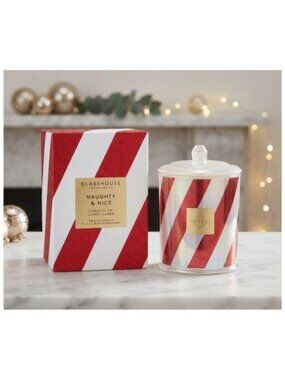 NIB GLASSHOUSE FRAGENCE "NAUGHTY & NICE" 380g SOY CANDLE RED STRIPE AUSTRALIA
